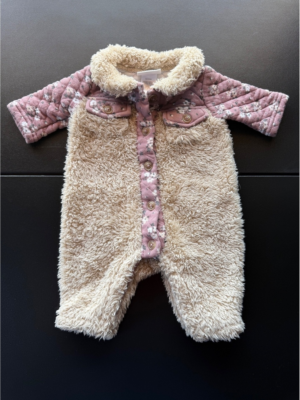 Nicole Miller Baby Girl 0-3M Sherpa Floral Quilted Romper One Piece Cream